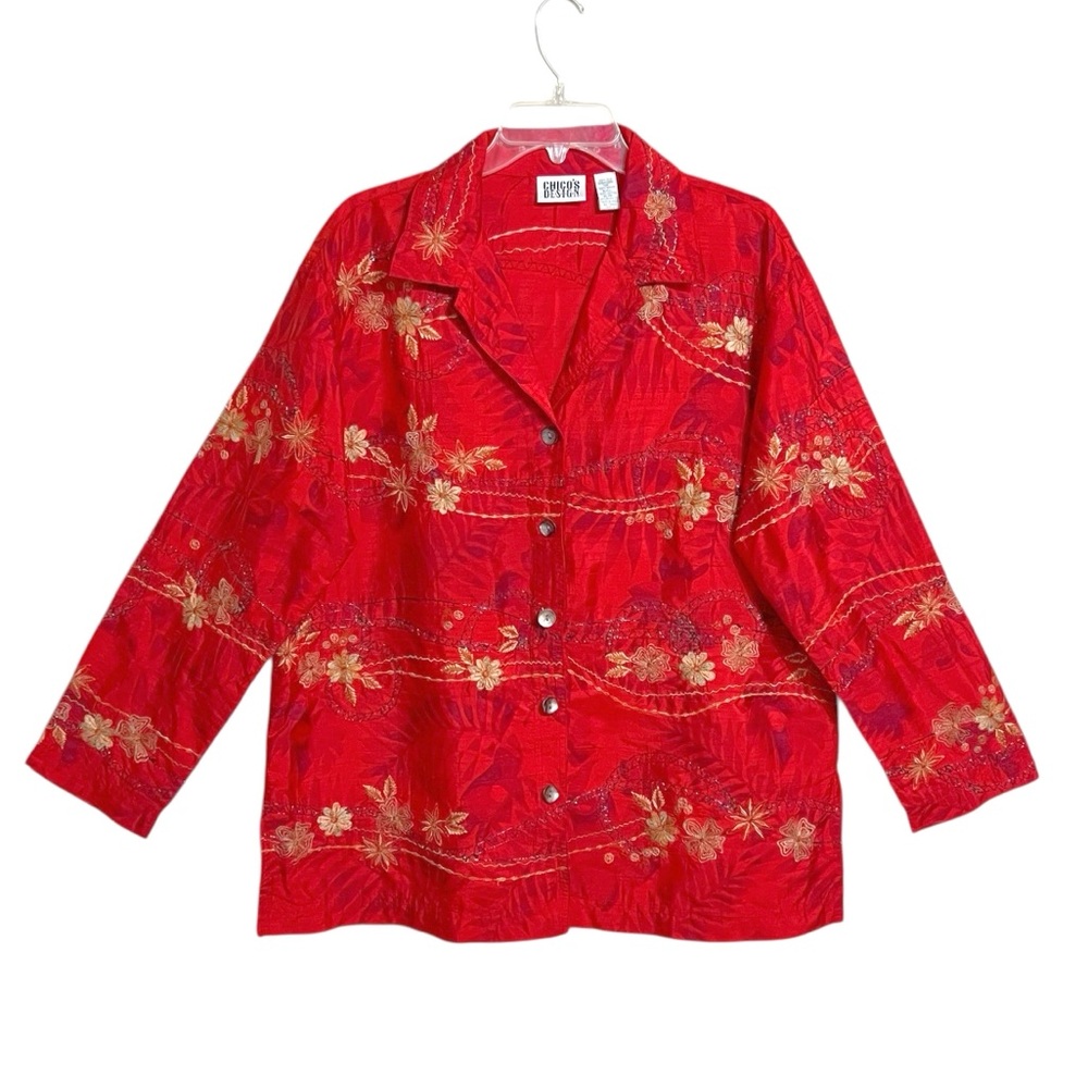Chico's Design VTG Artsy Embroidered Silk Top L 12 Red Floral Boho Metallic